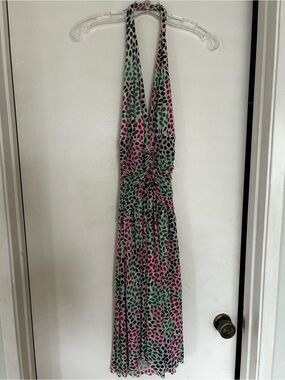 Vintage Y2K DVF Halter Midi Dress with Pink, Green & Black Dot 100% Silk - 4